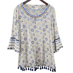 J. Jill Blouse Womens 2X Blue Boho Tassel Hem Embroidered Tunic Top Geometric